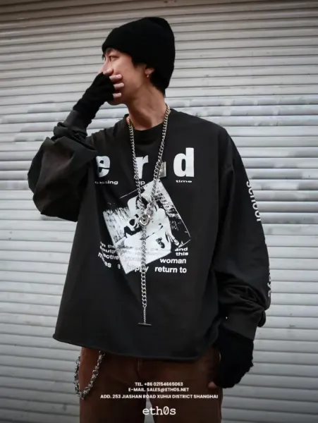 Design Graphic Print Long Sleeve T-Shirt Black - 14