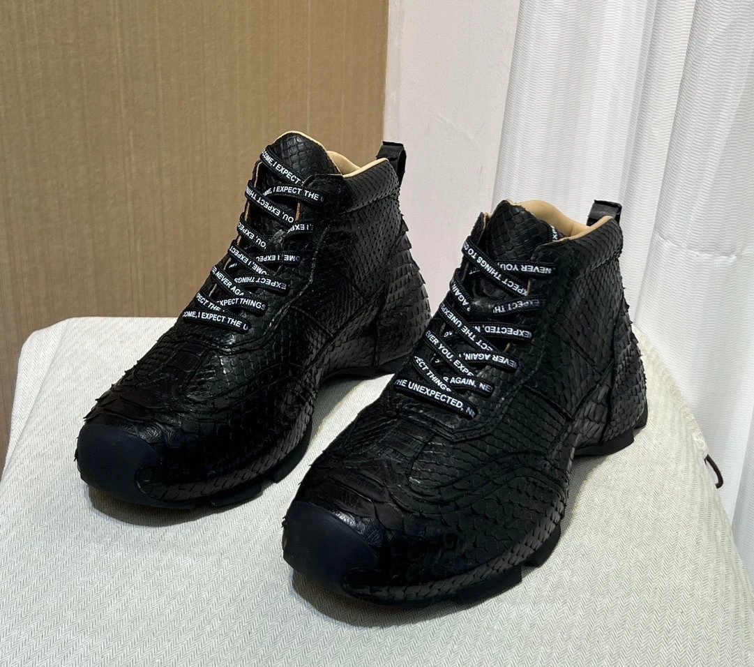 Design Python Skin High-Top Sneakers with Quoted Lace Detail Black - 6