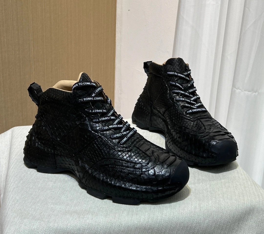 Design Python Skin High-Top Sneakers with Quoted Lace Detail Black - 11
