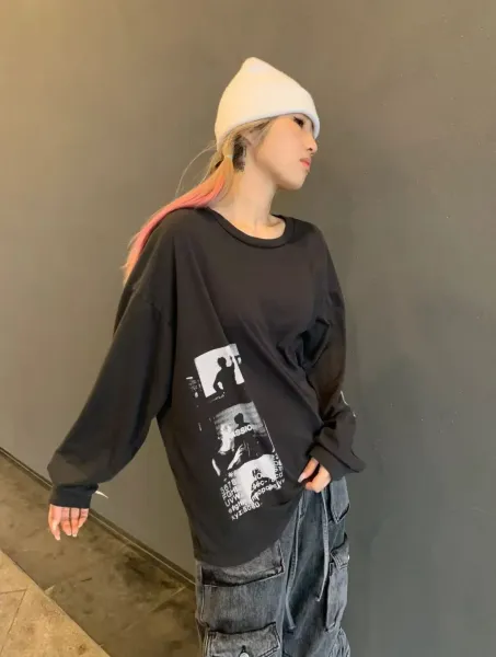 Design Graphic Print Long Sleeve T-Shirt Black - 18
