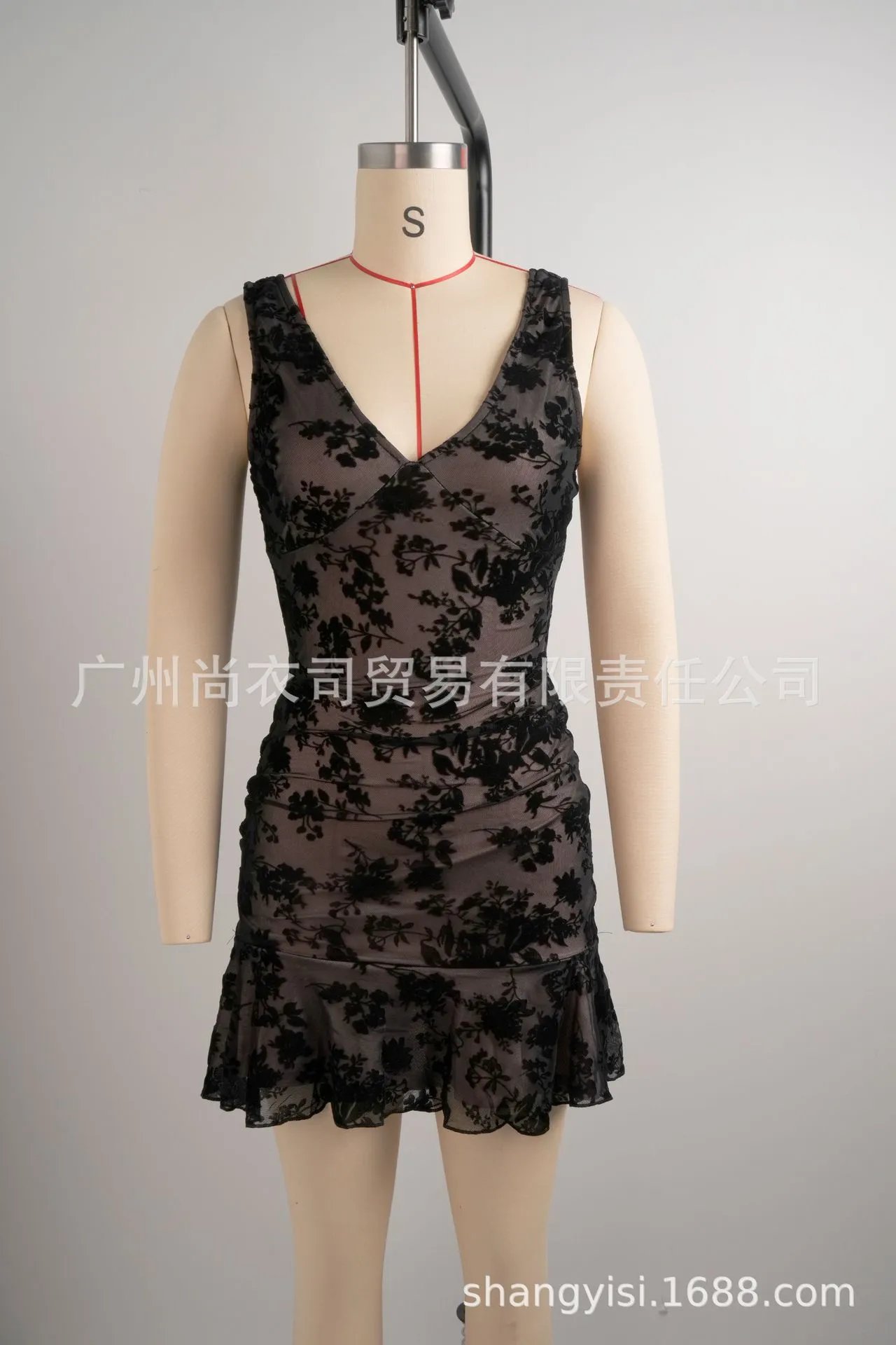Design Floral Sheer Velvet Mini Dress Black - 4