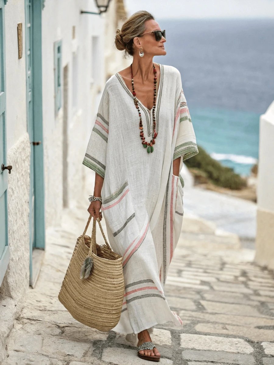 Design Striped Linen Maxi Dress White with Black Vertical Stripes - 16