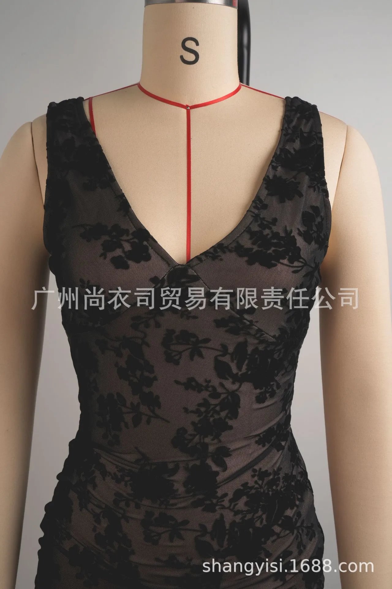 Design Floral Sheer Velvet Mini Dress Black - 6