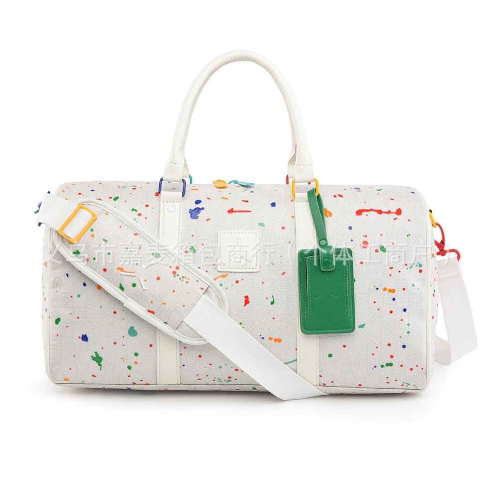 Design Duffle Bag with Splatter Paint Print White Multicolor Travel Bag