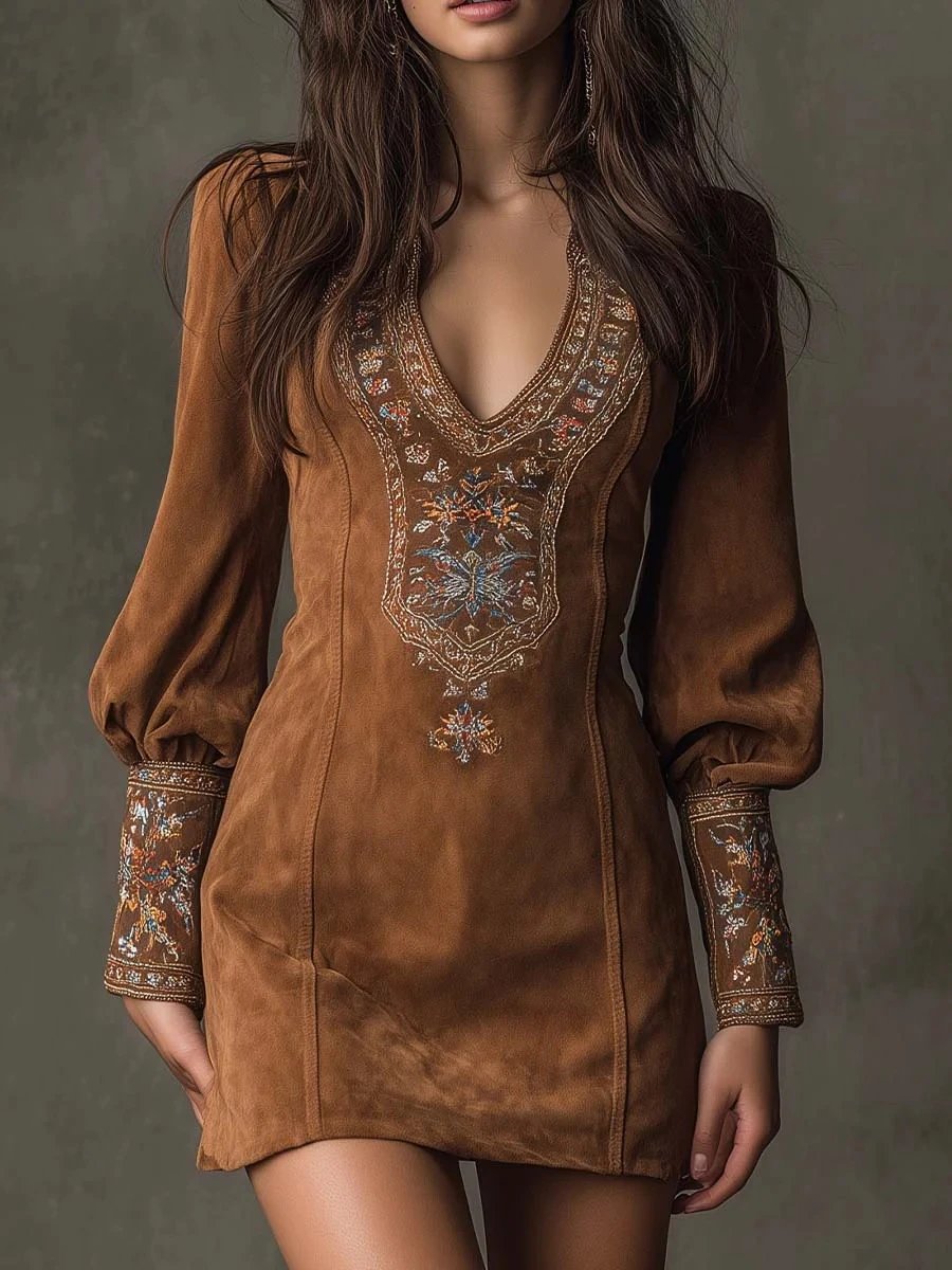 Design Embroidered Velvet Mini Dress Navy - 6