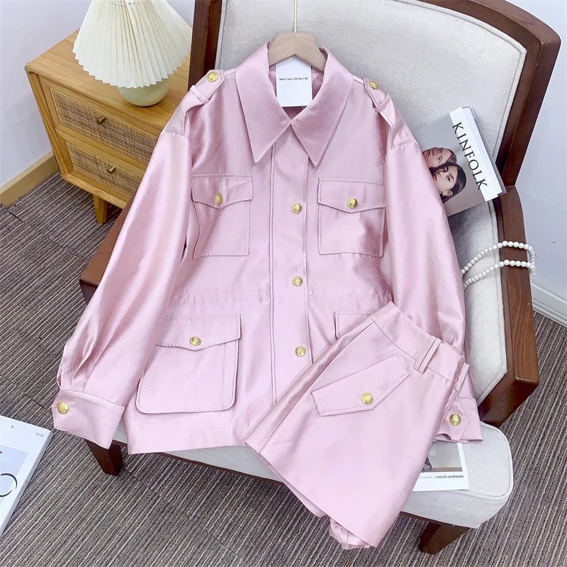 Design Pink Satin Utility Jacket with Drawstring Waist Outerwear.jacket - 15