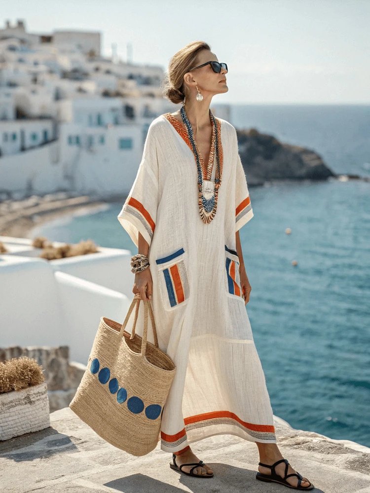 Design Striped Linen Maxi Dress White with Black Vertical Stripes - 30
