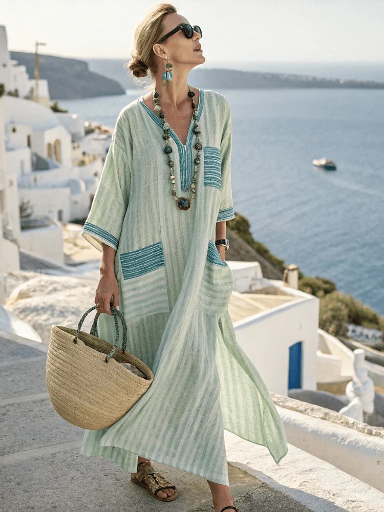 Design Striped Linen Maxi Dress White with Black Vertical Stripes - 31