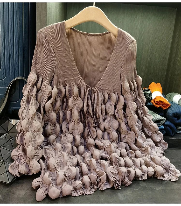 Design Pleated Ruched V-Neck Top Beige - 12