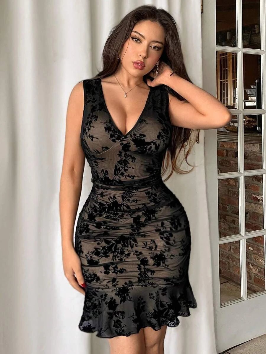 Design Floral Sheer Velvet Mini Dress Black - 13