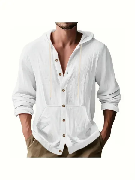 Design Button-Up Hooded Cardigan Beige Shirt - 45