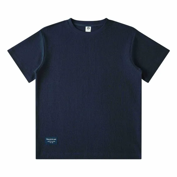 Design Heavy Fashion Style Contracted Wind Navy Waffle Knit T-Shirt T-Shirts - 1