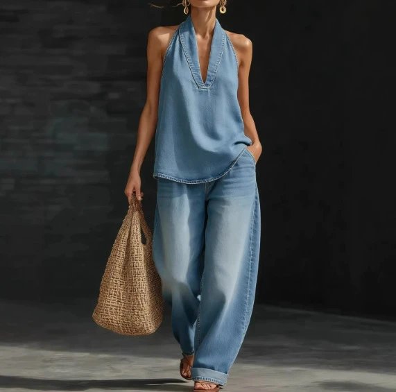 Design Halter Neck Top and Wide-Leg Pants Set White - 9