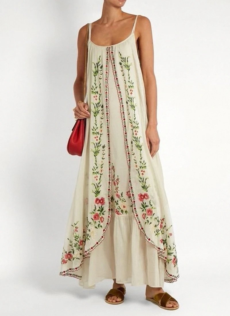 Design Floral Embroidered High-Low Maxi Dress Beige - 8