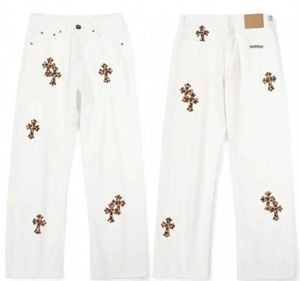 Chrome Hearts Leopard Cross Patch White Jeans - 1