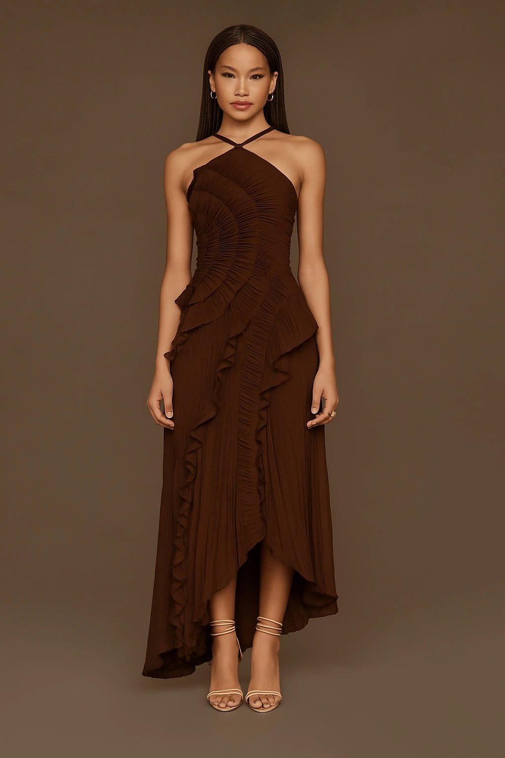 Design Pleated Asymmetrical Halter Dress Pink - 31