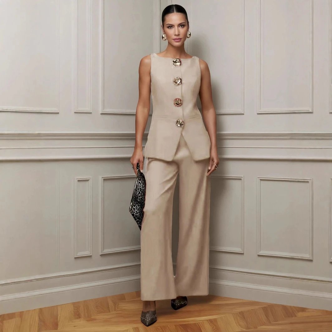 Design Burgundy Tailored Jumpsuit with Floral Buttons Women's Set - 41