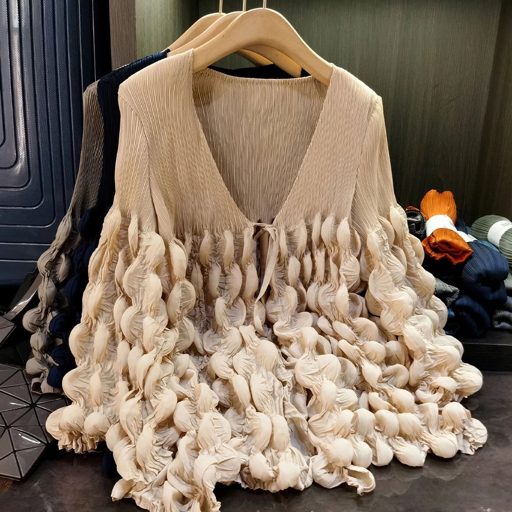 Design Pleated Ruched V-Neck Top Beige - 2
