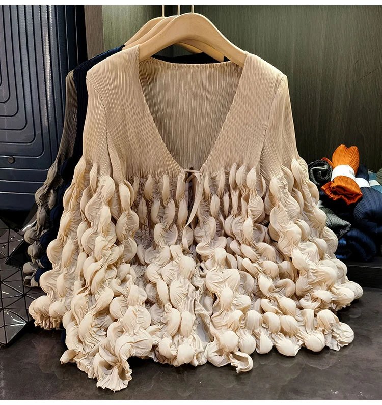 Design Pleated Ruched V-Neck Top Beige - 5