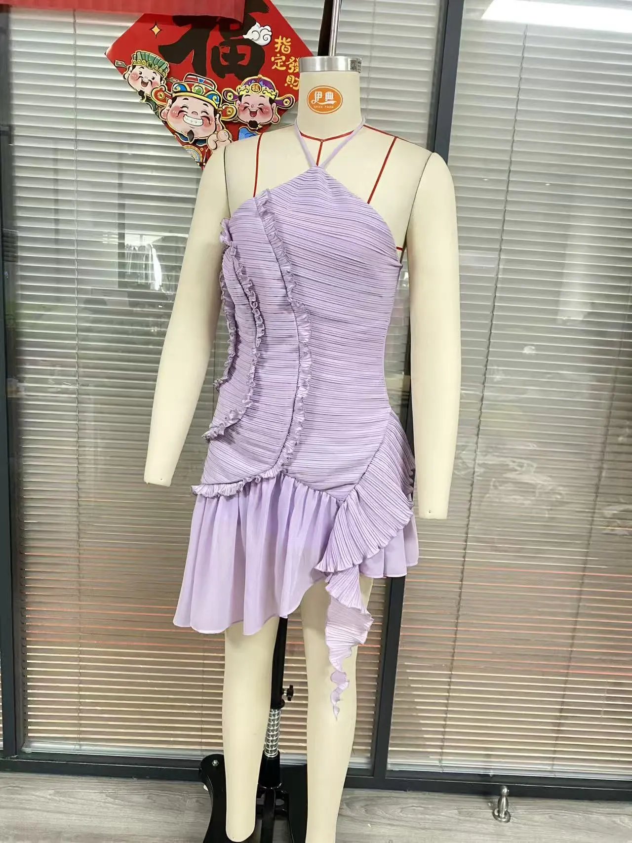 Design Pleated Asymmetrical Halter Dress Pink - 40