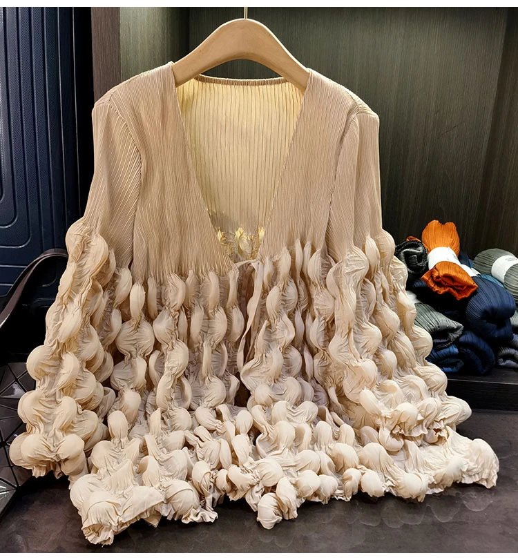 Design Pleated Ruched V-Neck Top Beige - 7