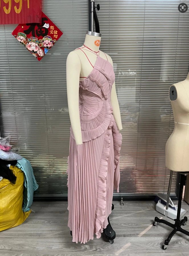 Design Pleated Asymmetrical Halter Dress Pink - 8