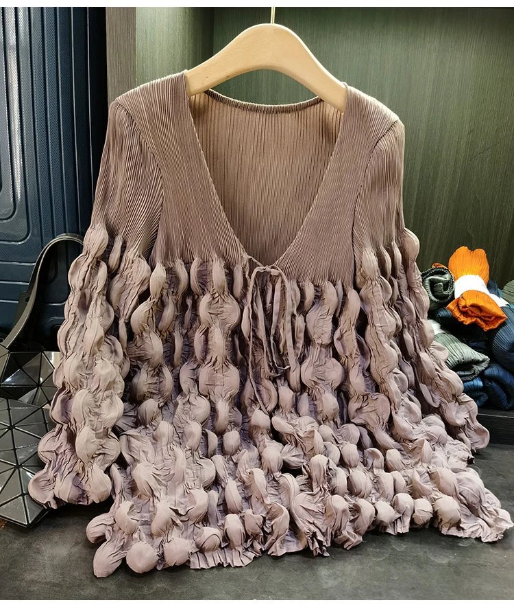 Design Pleated Ruched V-Neck Top Beige - 15