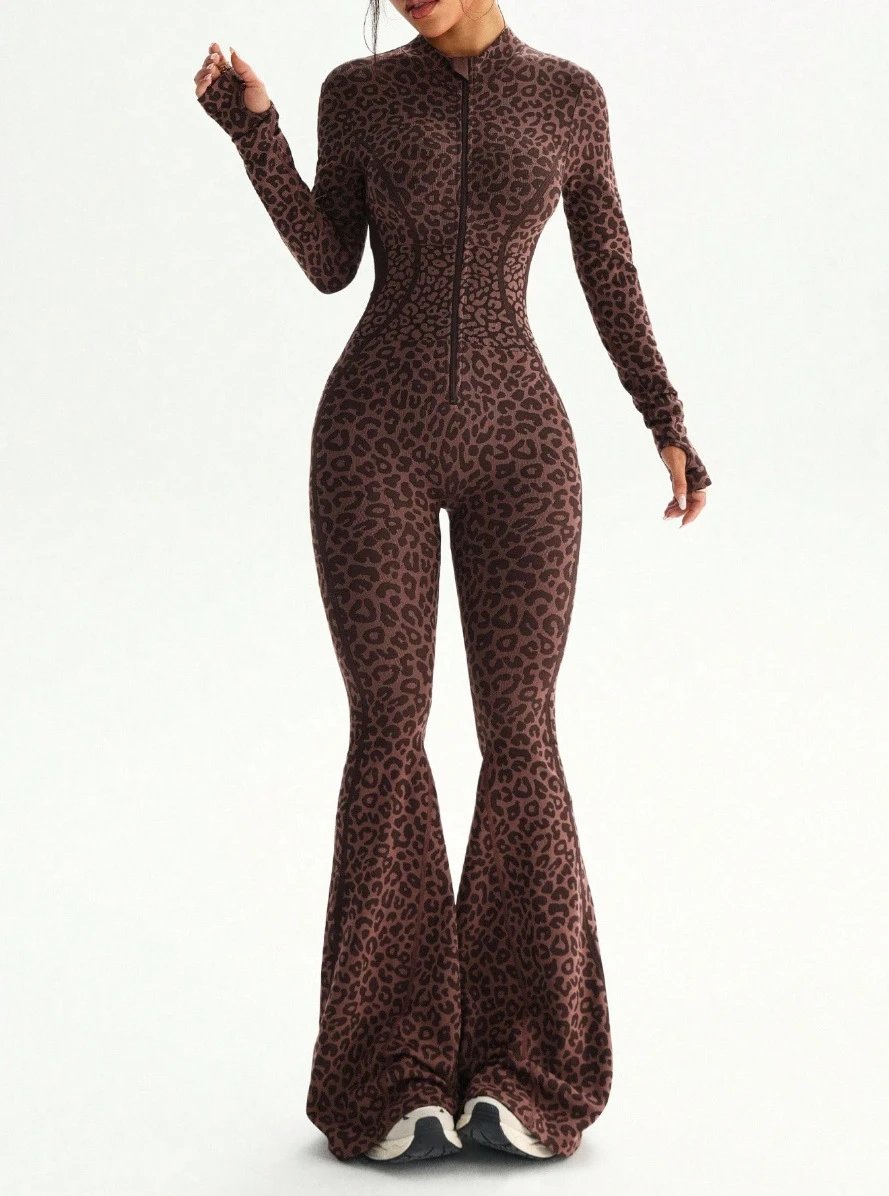 Design Leopard Print Zip-Front Jumpsuit Brown Sets - 7