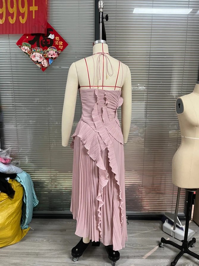 Design Pleated Asymmetrical Halter Dress Pink - 9