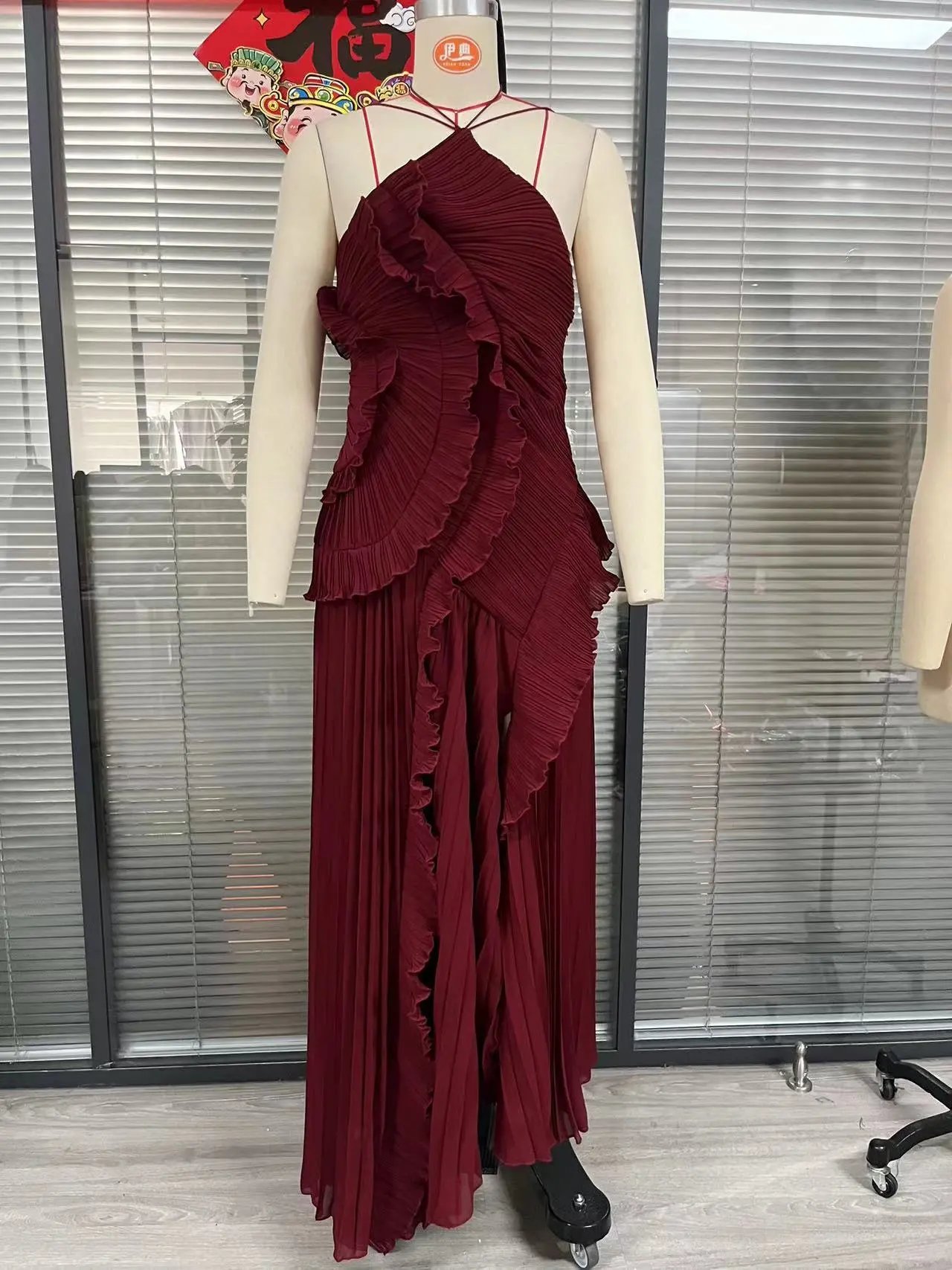 Design Pleated Asymmetrical Halter Dress Pink - 19