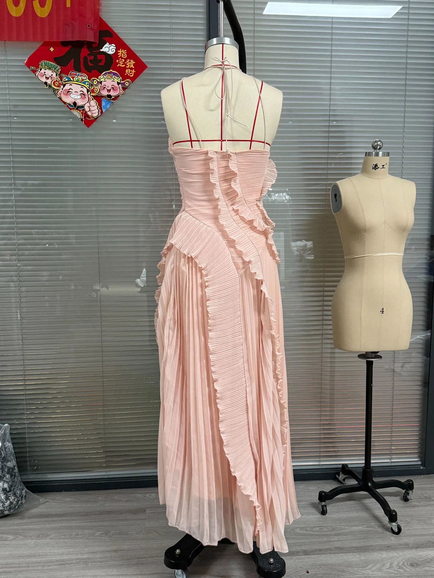 Design Pleated Asymmetrical Halter Dress Pink - 12