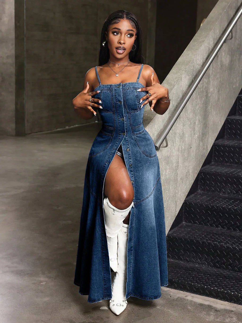 Design Denim Maxi Dress with Front Slit and Smocked Back Dress - 4