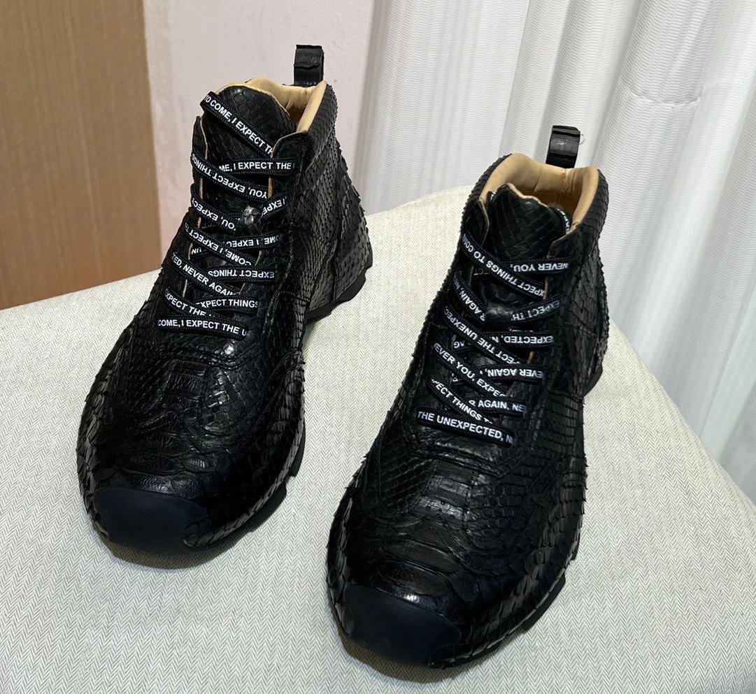 Design Python Skin High-Top Sneakers with Quoted Lace Detail Black - 7
