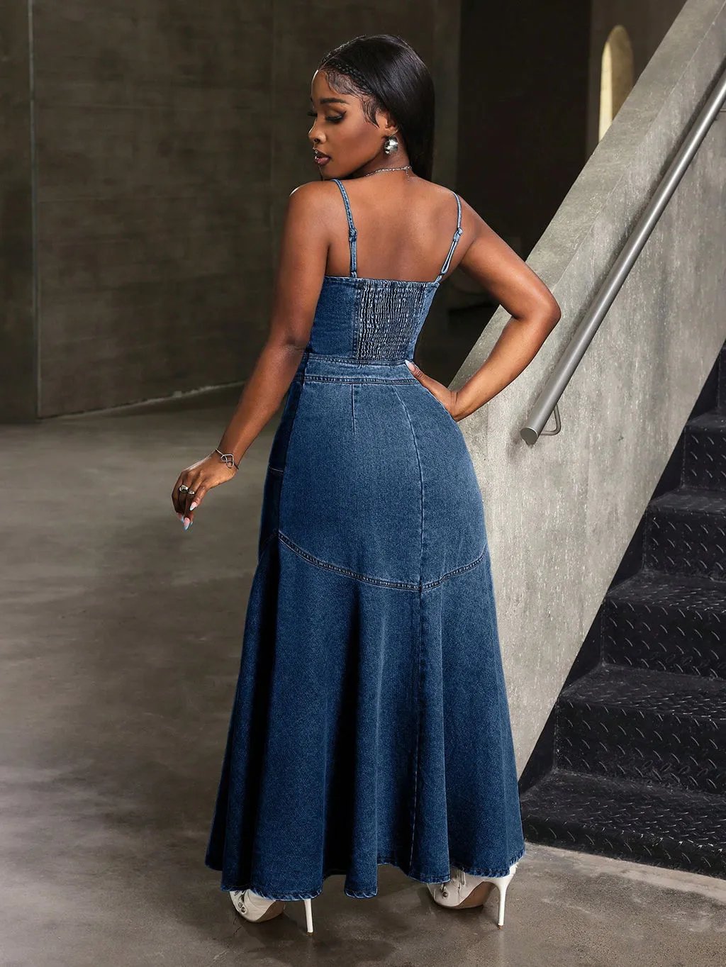 Design Denim Maxi Dress with Front Slit and Smocked Back Dress - 8