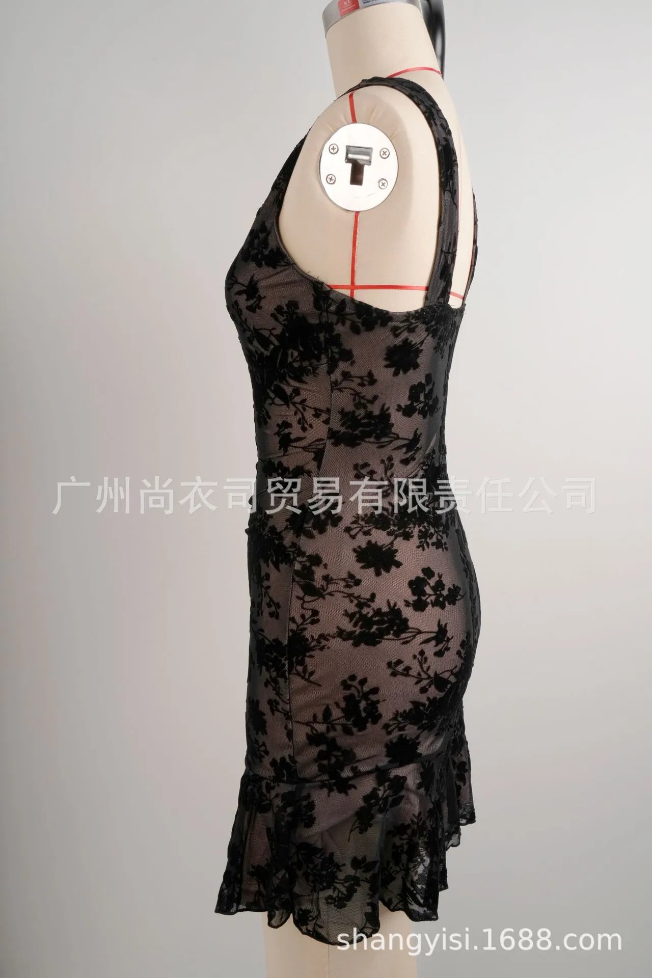 Design Floral Sheer Velvet Mini Dress Black - 7
