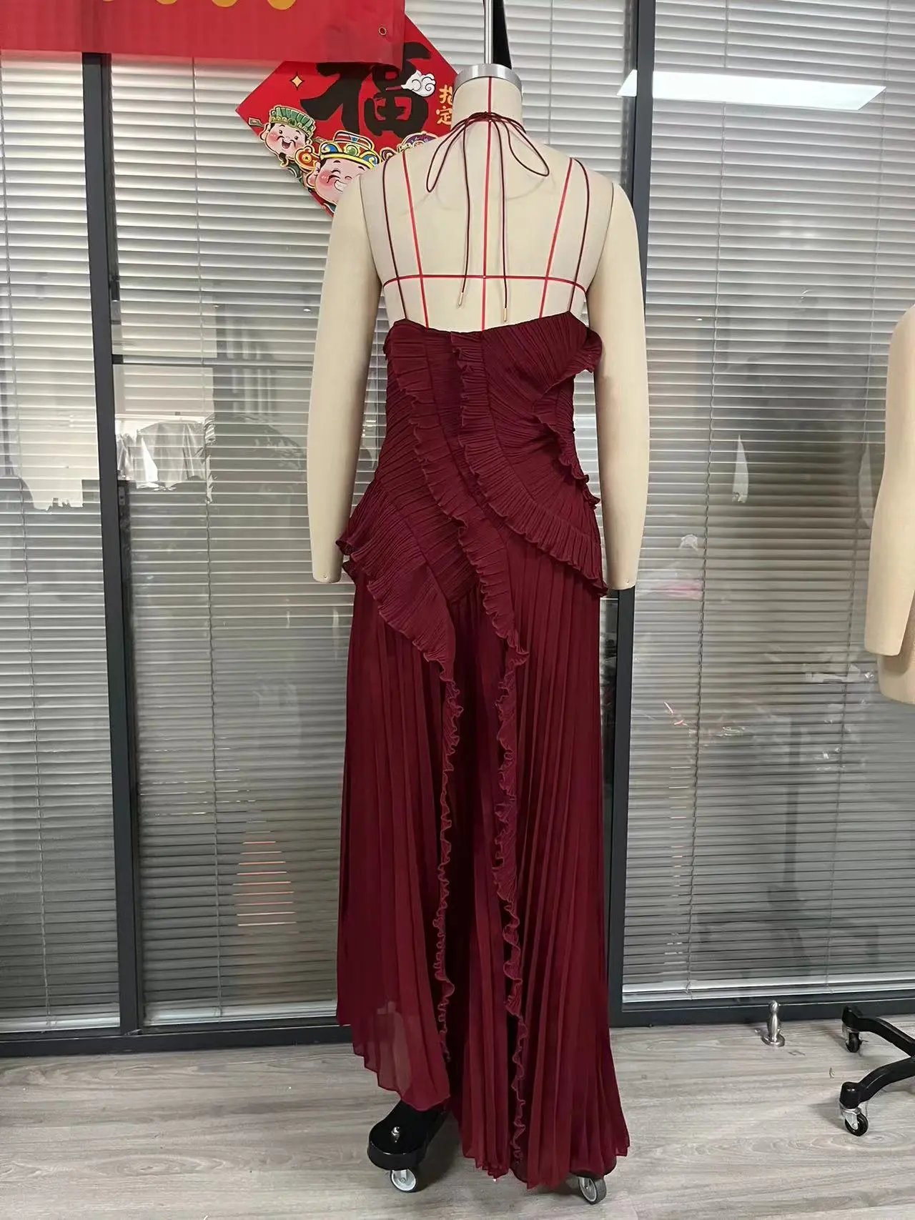 Design Pleated Asymmetrical Halter Dress Pink - 20