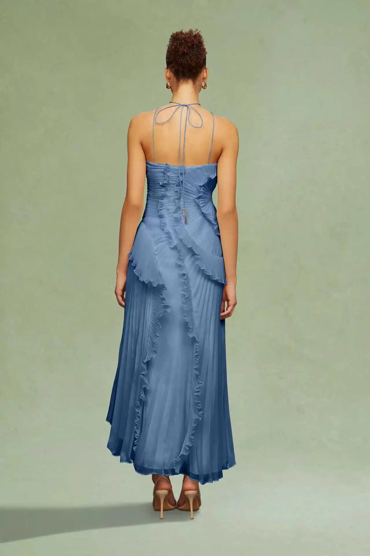Design Pleated Asymmetrical Halter Dress Pink - 35