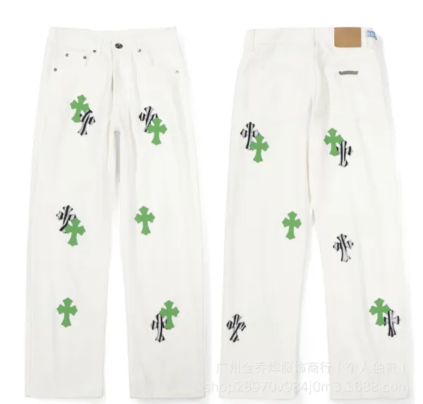 Design Wide-Leg Jeans with Leopard Crosses and Graffiti Print White Jeans - 21