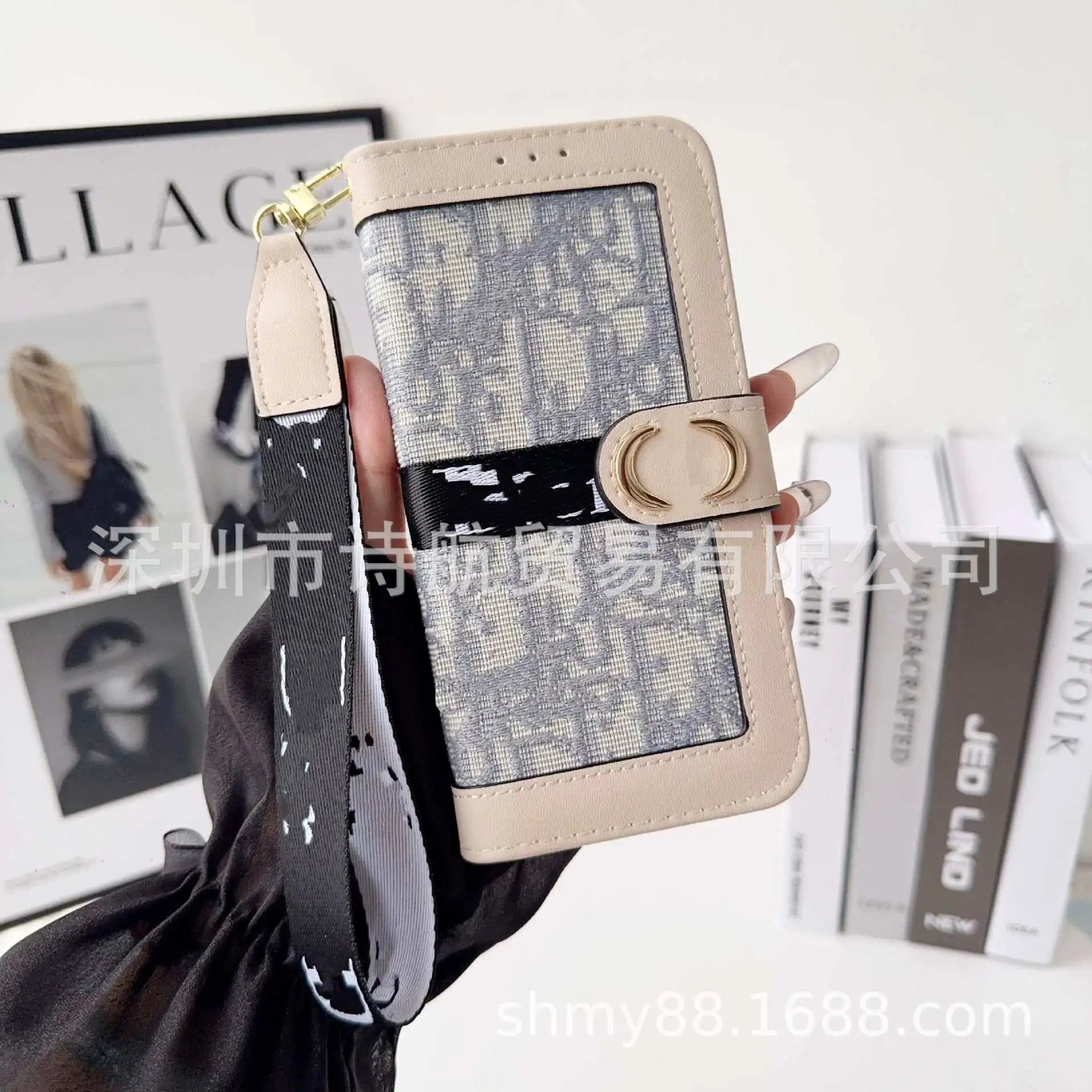 Dior Oblique Print Phone Wallet Case Navy Blue with Wrist Strap - 3