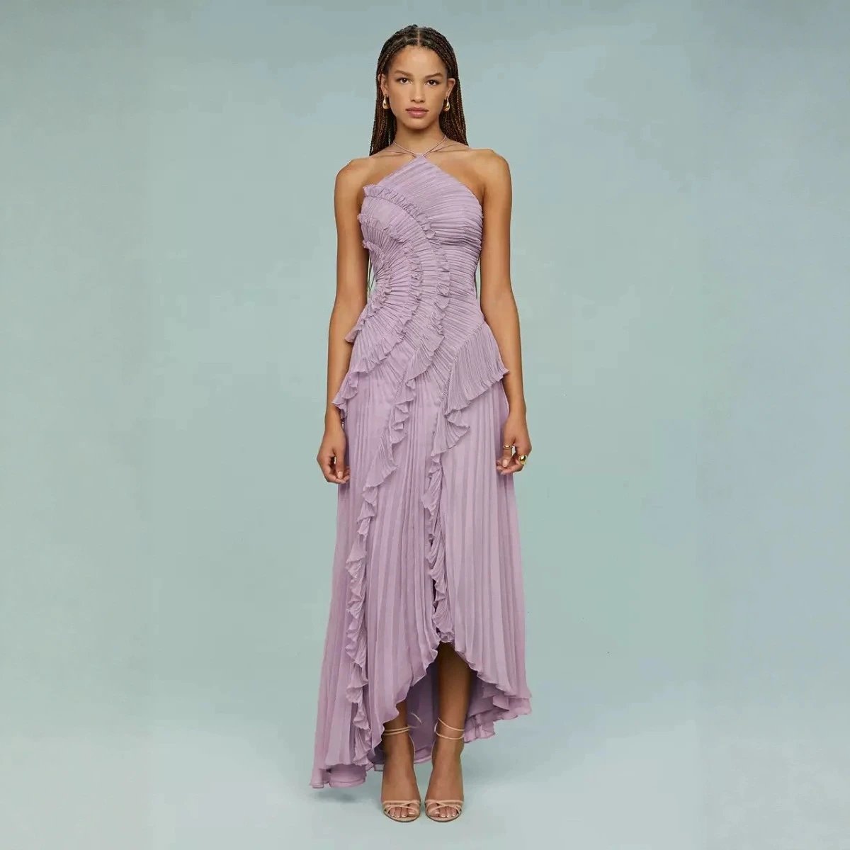 Luxury Chiffon Dress for Women - Ruffle & Pleated Design, Slimming Midi Dress, European & American Fast Fashion