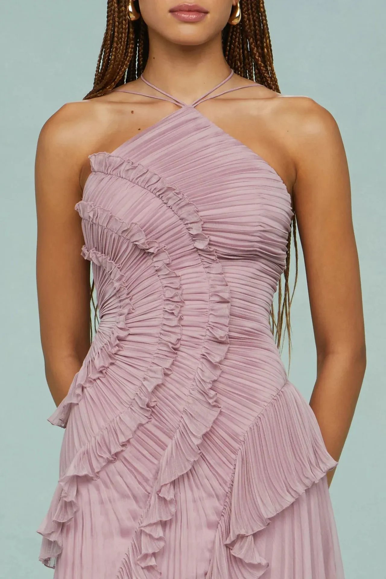 Design Pleated Asymmetrical Halter Dress Pink - 46