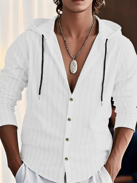 Design Pinstripe Hooded Button-Up Shirt White - 36