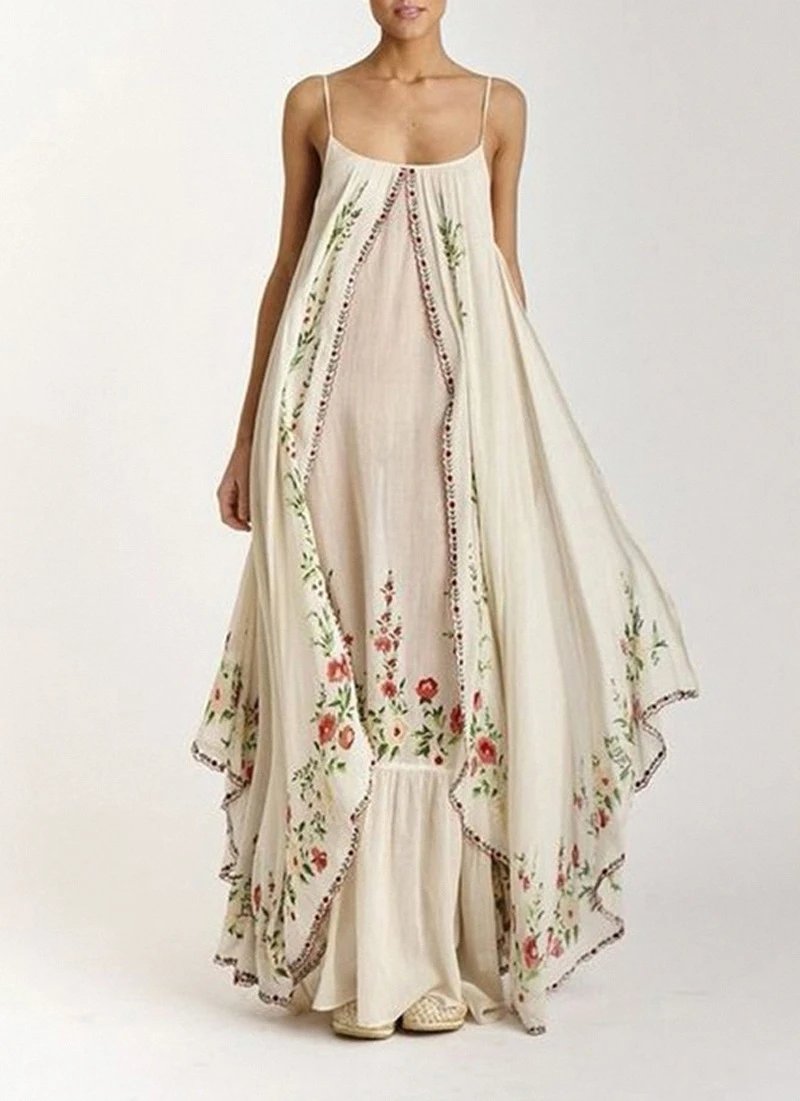 Design Floral Embroidered High-Low Maxi Dress Beige - 6