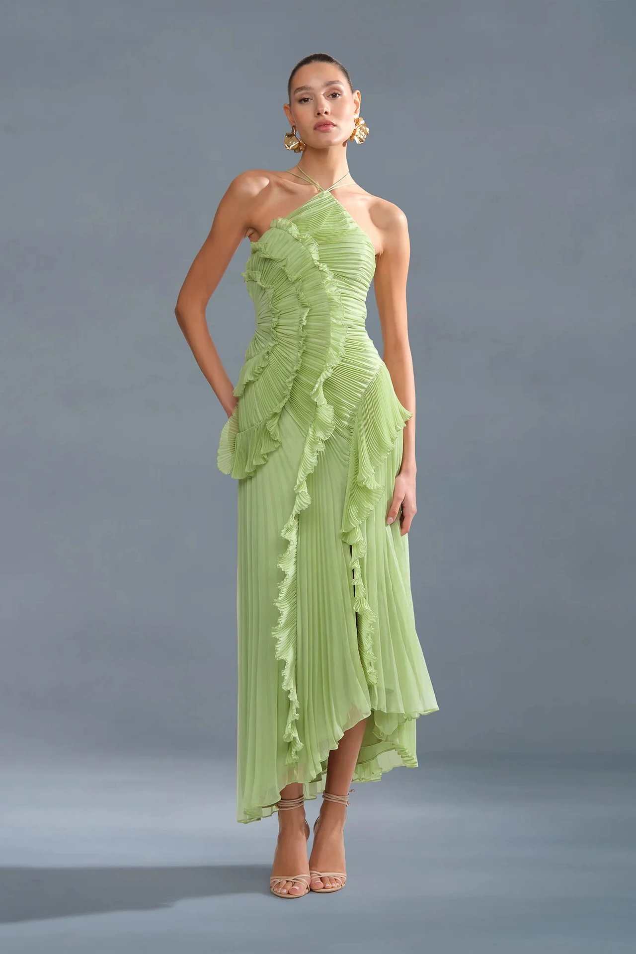 Design Pleated Asymmetrical Halter Dress Pink - 27