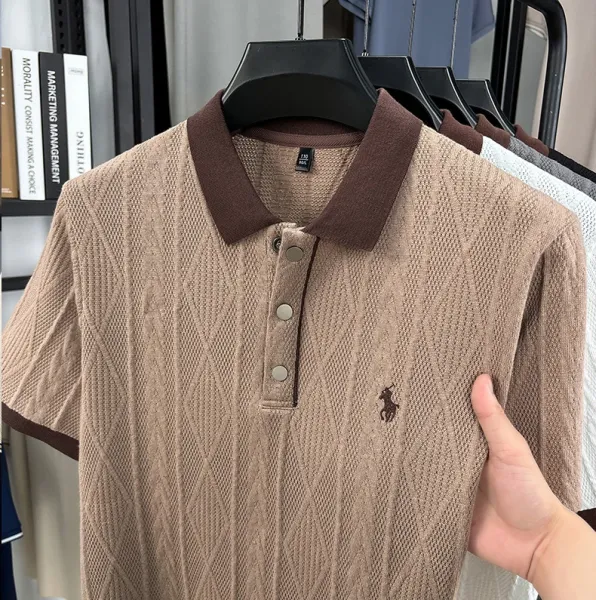 Design Knit Diamond Pattern Polo Shirt Gray with Brown Collar Tops Polo - 9