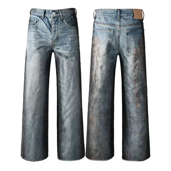 Design Wide-Leg Distressed Crocodile-Print Denim Jeans - 1