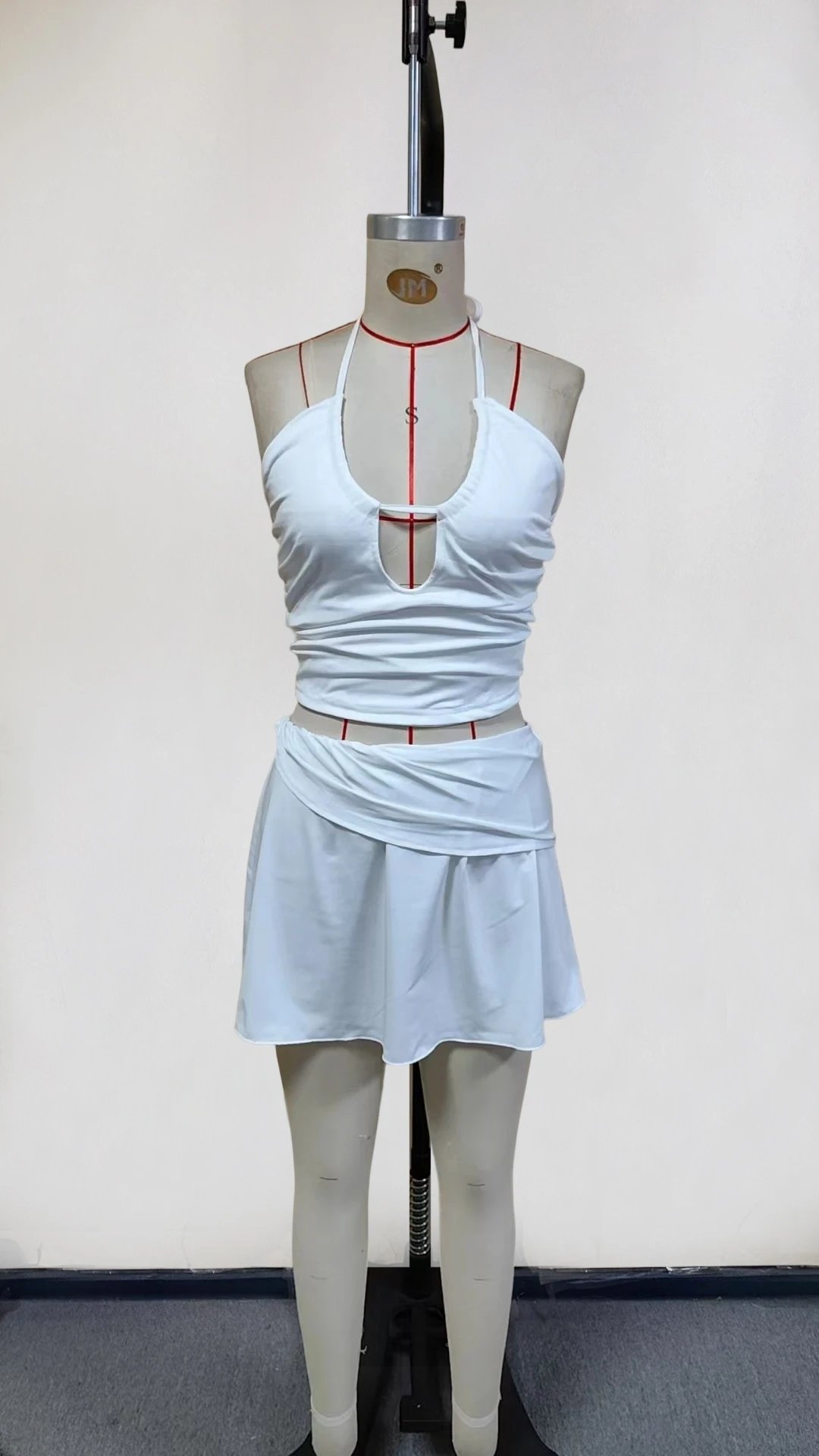 Design Halter Neck Cut-Out Crop Top and Pleated Mini Skirt Set in White - 3