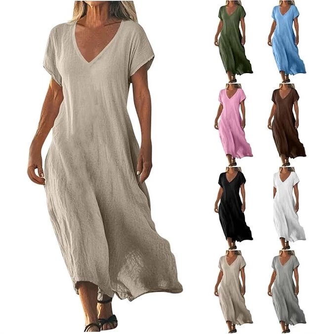 Women's Loose Solid Color V-Neck Cotton Linen Dress for Amazon Wish Independent Station Cross-Border Trade