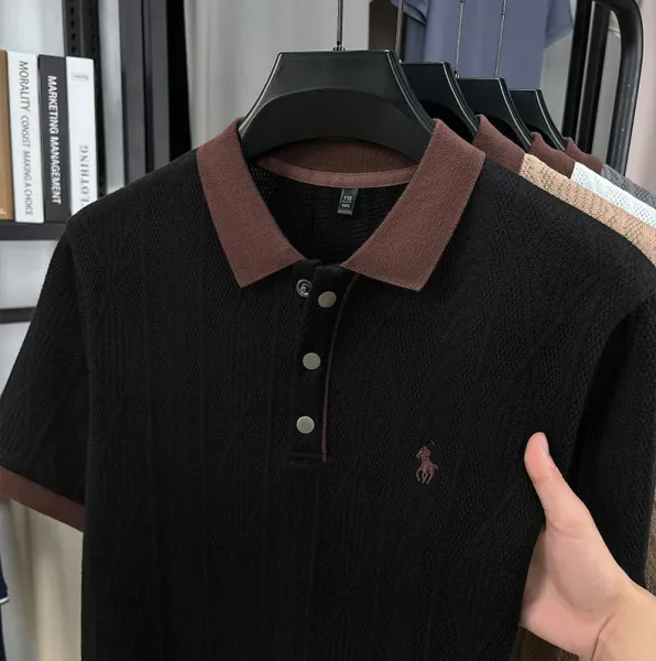 Design Knit Diamond Pattern Polo Shirt Gray with Brown Collar Tops Polo - 21