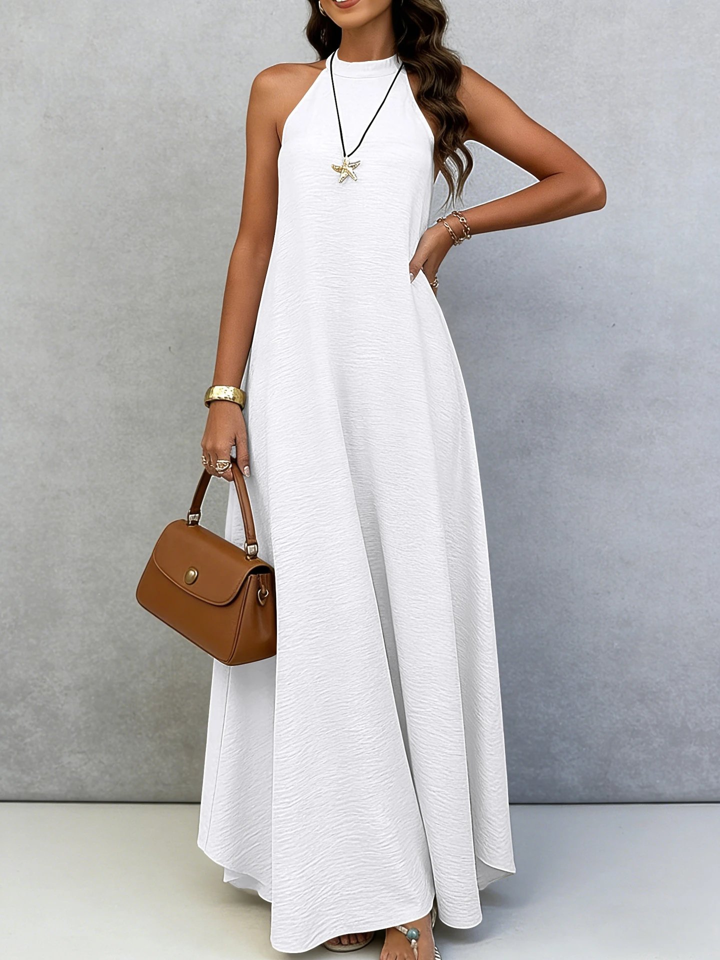Design Halter Neck Crinkle Maxi Dress Beige - 13